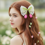 15cm Elegant Lace Bow Hair Clips with Tulip Accents – Floral Hair Accessories for Women & Girls 12pcs (HC-29639BN)