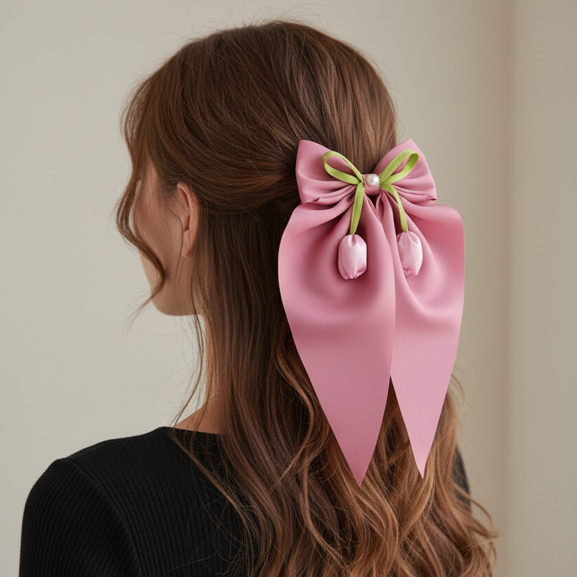 Elegant Tulip Bow Hair Clip with Pearl Accent – 15cm Large Chiffon Ribbon Hair Bow, Flowing Draped Ponytail Barrette, Sweet Floral Hair Styling Accessory for Women and Girls (Assorted Colors, 12pc) (HC-29640M)