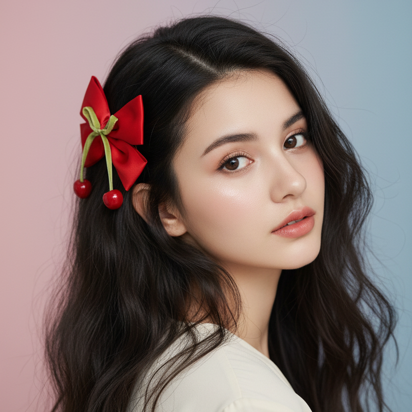 Oversized Cherry Hair Bow Clip – 15cm Coquette Satin Bow with Dangling Cherries, Cute Fruit Hair Accessories for Women and Girls (HC-29646PA)
