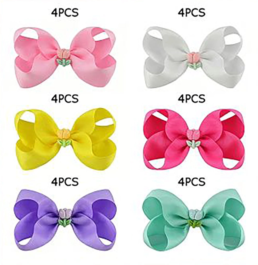 24pc Grosgrain Ribbon Hair Bows with Tulip Centers – 12cm Large Boutique Alligator Hair Clips Set for Toddlers, Girls, and Kids – 6 Colors Assorted Hair Accessories Bulk (HC-29648A)