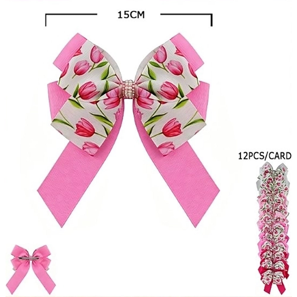 15cm Tulip Print Ribbon Hair Bows – Elegant Grosgrain Hair Clips for Girls & Women12pc (HC-29650A)