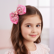 Decorative Pink Rabbit Character Hair Bow Clip - Large 15cm Bow with Sequin Accents (HC-29662M)