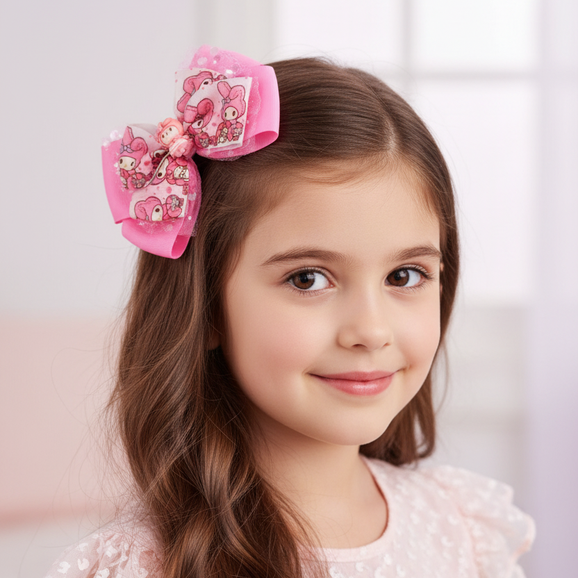 Decorative Pink Rabbit Character Hair Bow Clip - Large 15cm Bow with Sequin Accents (HC-29662M)