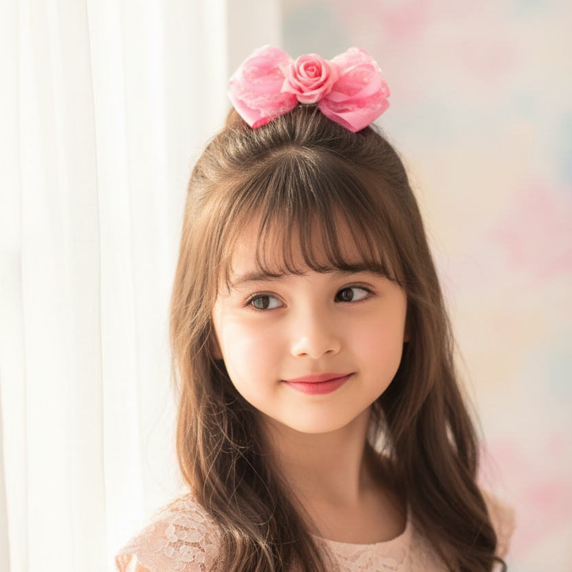 Pink Rose Flower Hair Bow Clips for Girls – 15cm Large Ribbon Bows with Lace, Sequins, and Alligator Clip (HC-29668S)