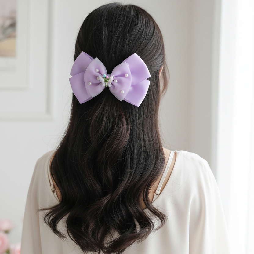 Large 15cm Butterfly Hair Bow Clips for Girls - 12-Pack Pearl Chiffon Ribbon Hair Bows with Alligator Clips, Cute Butterfly & Flower Embellishments (HC-29677S)