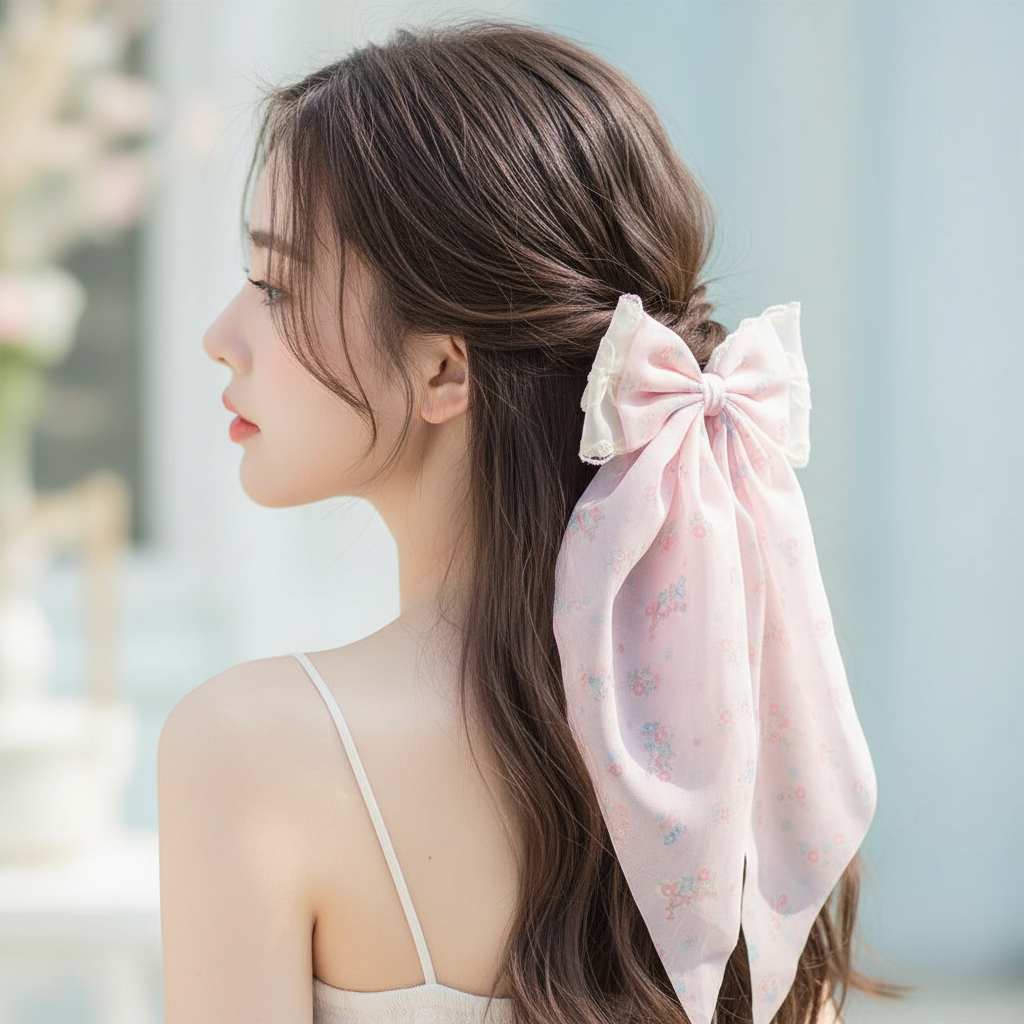 Oversized Floral Print Hair Bow Clip set – Long Tail Ribbon Hair Bows with Lace Accent for Women & Girls 12pcs
