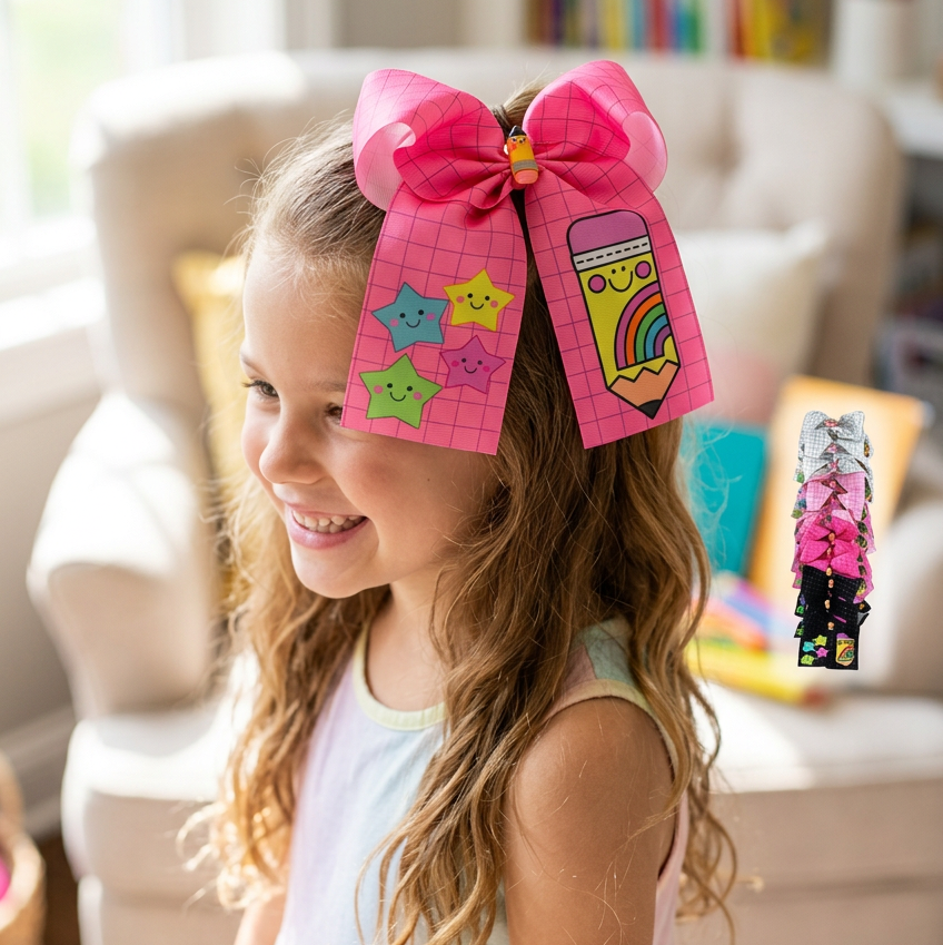 Back to School Pencil & Smiling Stars Grosgrain Ribbon Hair Bow | Oversized Grid Print Cheer Bow Clip Set (12 Pack Bulk) (HC-29723CY)