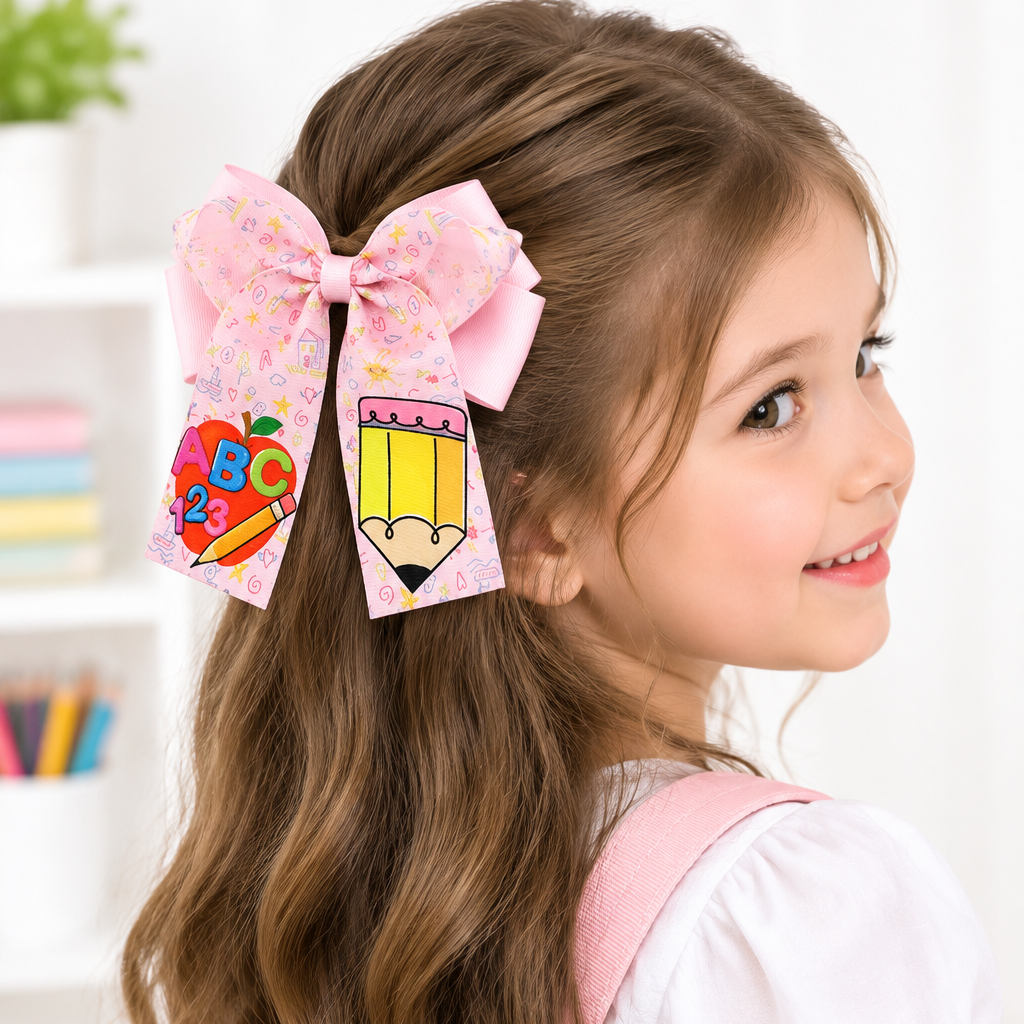 15CM Back to School Printed Ribbon Hair Bow – Apple & Pencil Design Alligator Clip Assorted Colors 12-Piece Wholesale Pack (HC-29725CY)