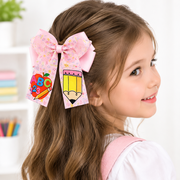 15CM Back to School Printed Ribbon Hair Bow – Apple & Pencil Design Alligator Clip Assorted Colors 12-Piece Wholesale Pack (HC-29725CY)