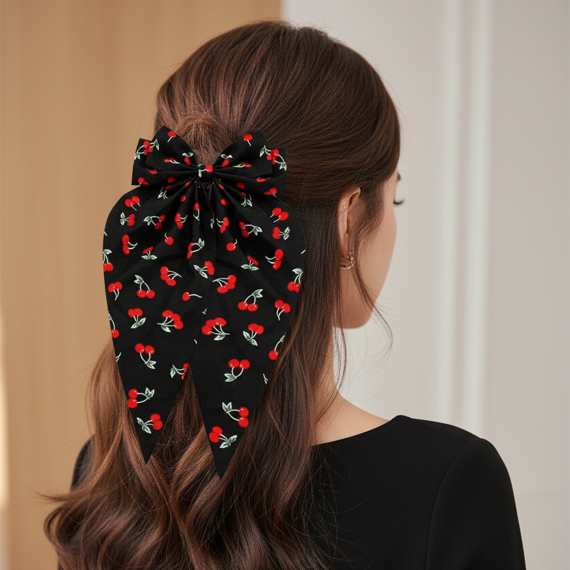 Cherry Print Oversized Hair Bow for Girls – 15CM Long-Tail Ribbon Hair Clip, Cute Fruit Pattern (HC-29731AT)