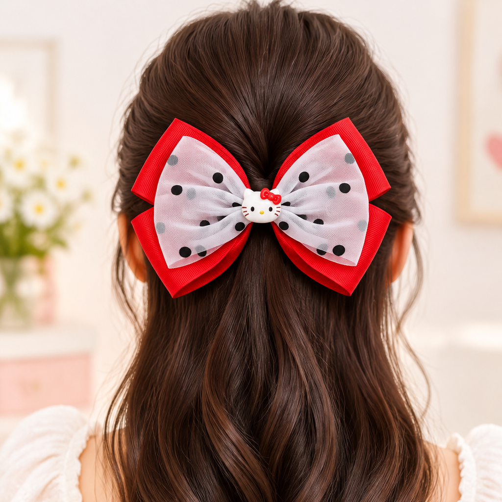 15CM Double-Layer Ribbon & Polka Dot Tulle Hair Bow with Kitty Charm – Alligator Clip Assorted Colors 12-Piece Wholesale Pack (HC-29733KT)