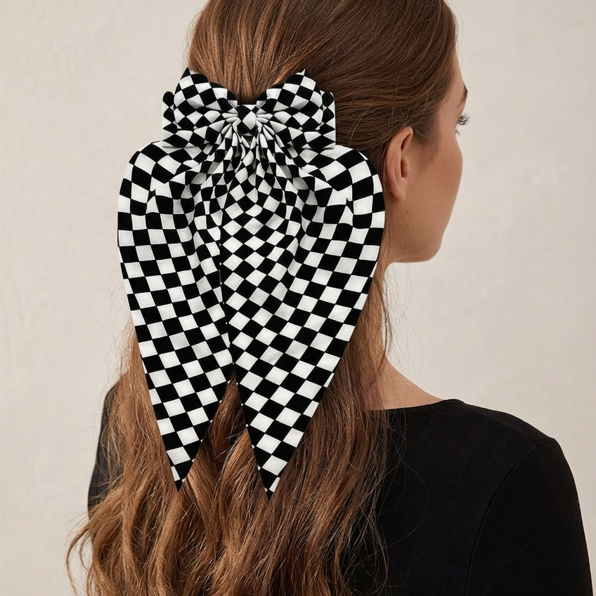 Oversized Checkerboard Ribbon Bow Hair Clip | Large Gingham Tail Hair Bow Clip Set (12 Pack Bulk) (HC-29746AT)