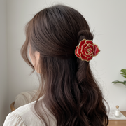Elegant Enamel Rose French Claw Clip – Vintage-Inspired Floral Hair Accessory (HC11684)
