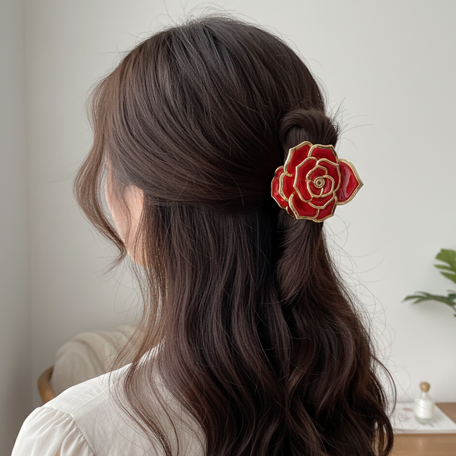 Elegant Enamel Rose French Claw Clip – Vintage-Inspired Floral Hair Accessory (HC11684)