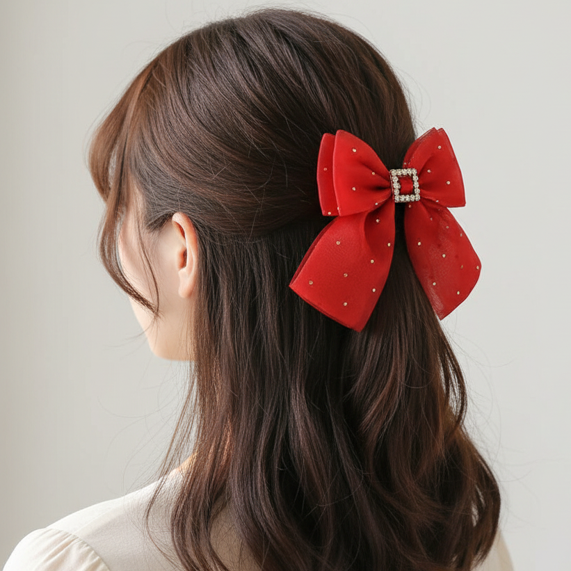 Sparkling Rhinestone Hair Bow Clip 12cm – Large Mesh Organza Bow with Crystal Buckle (HCD-1740E)