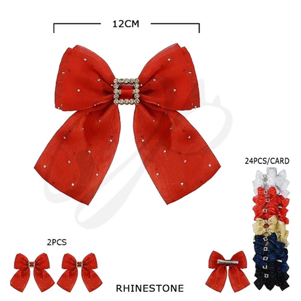 Sparkling Rhinestone Hair Bow Clip 12cm – Large Mesh Organza Bow with Crystal Buckle (HCD-1740E)