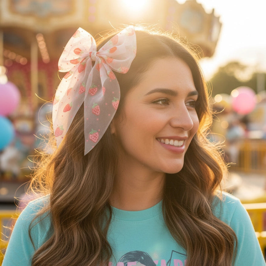 Sweet Strawberry Chiffon Bow Clip (12cm) - Oversized Fairycore Hair Accessory