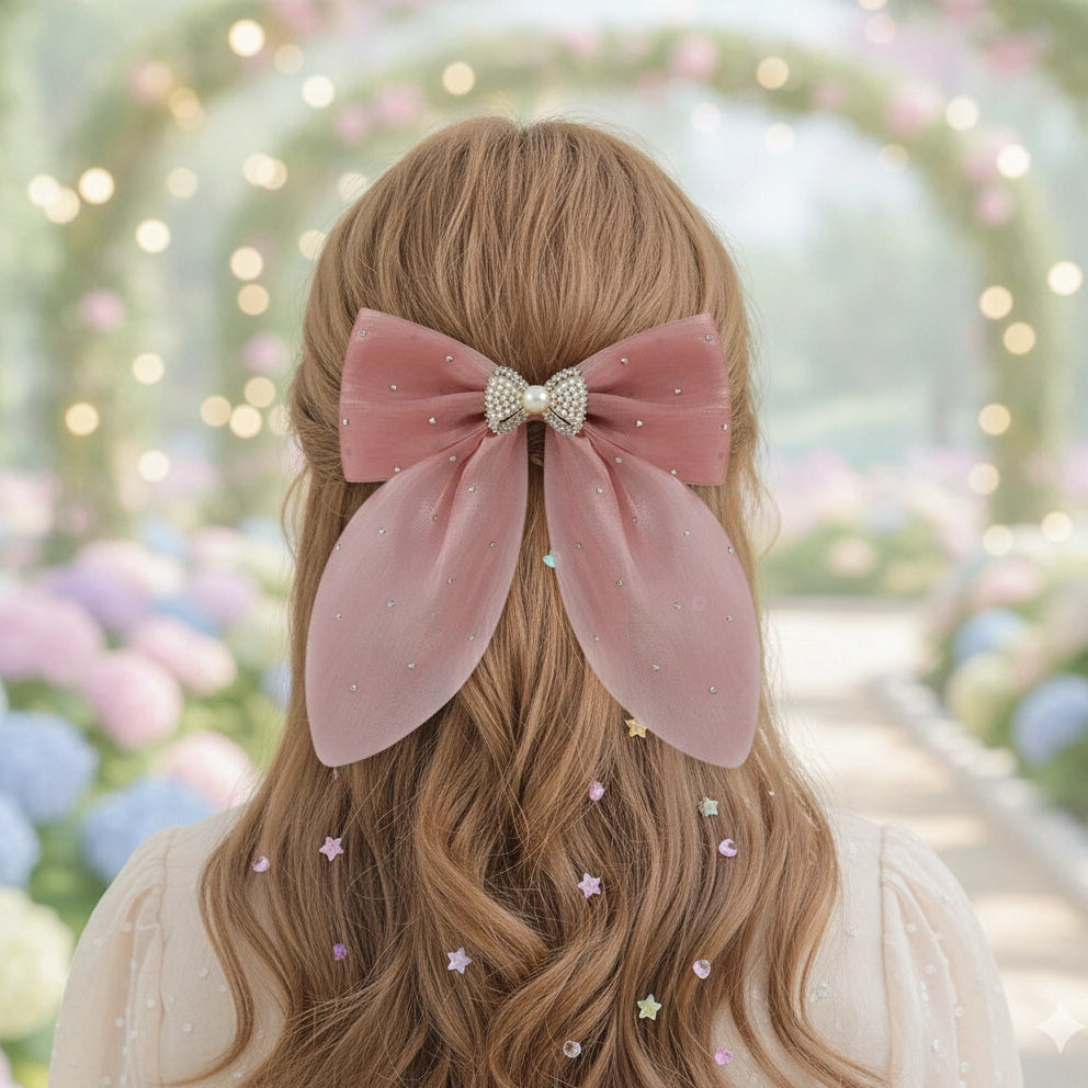 Luxurious Pearl Tulle Bow Hair Clip (12cm) - Sheer Oversized Accessory