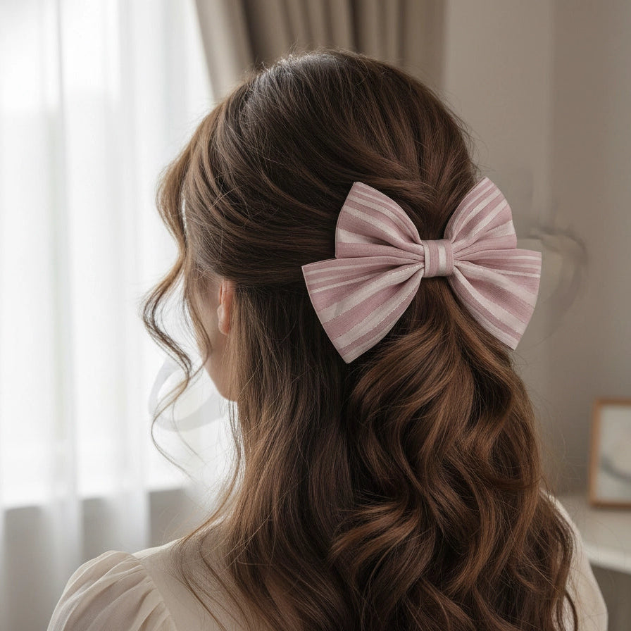 Elegant Striped Bow Hair Clip (12cm) - Oversized Fabric Barrette