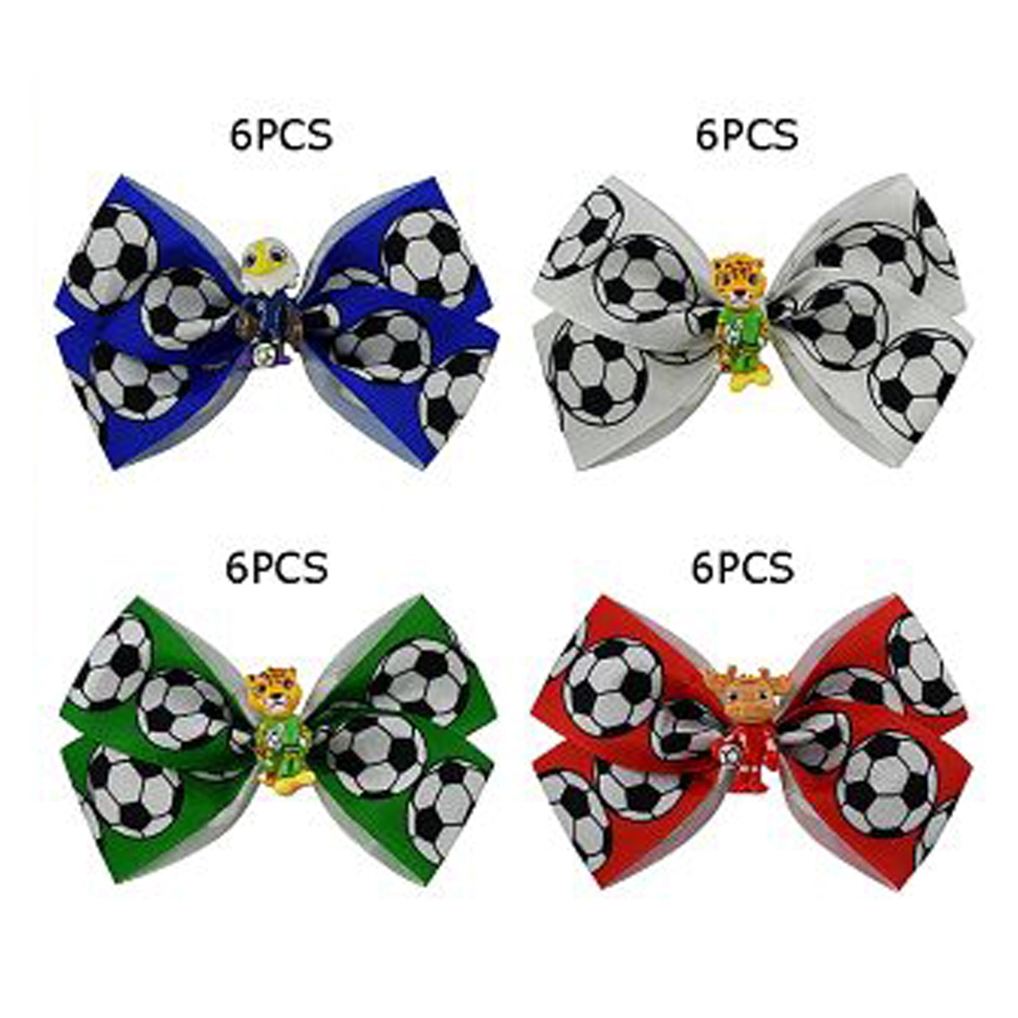 Soccer-Themed Grosgrain Hair Bows with Cartoon Mascot Centers (HCD-1881FI)