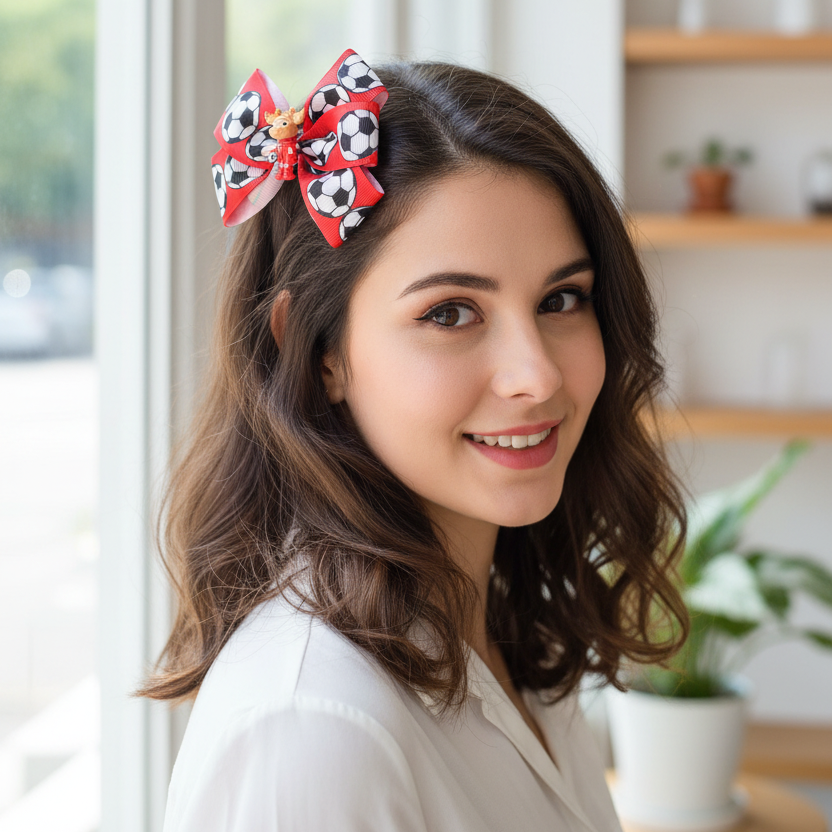 Soccer-Themed Grosgrain Hair Bows with Cartoon Mascot Centers (HCD-1881FI)