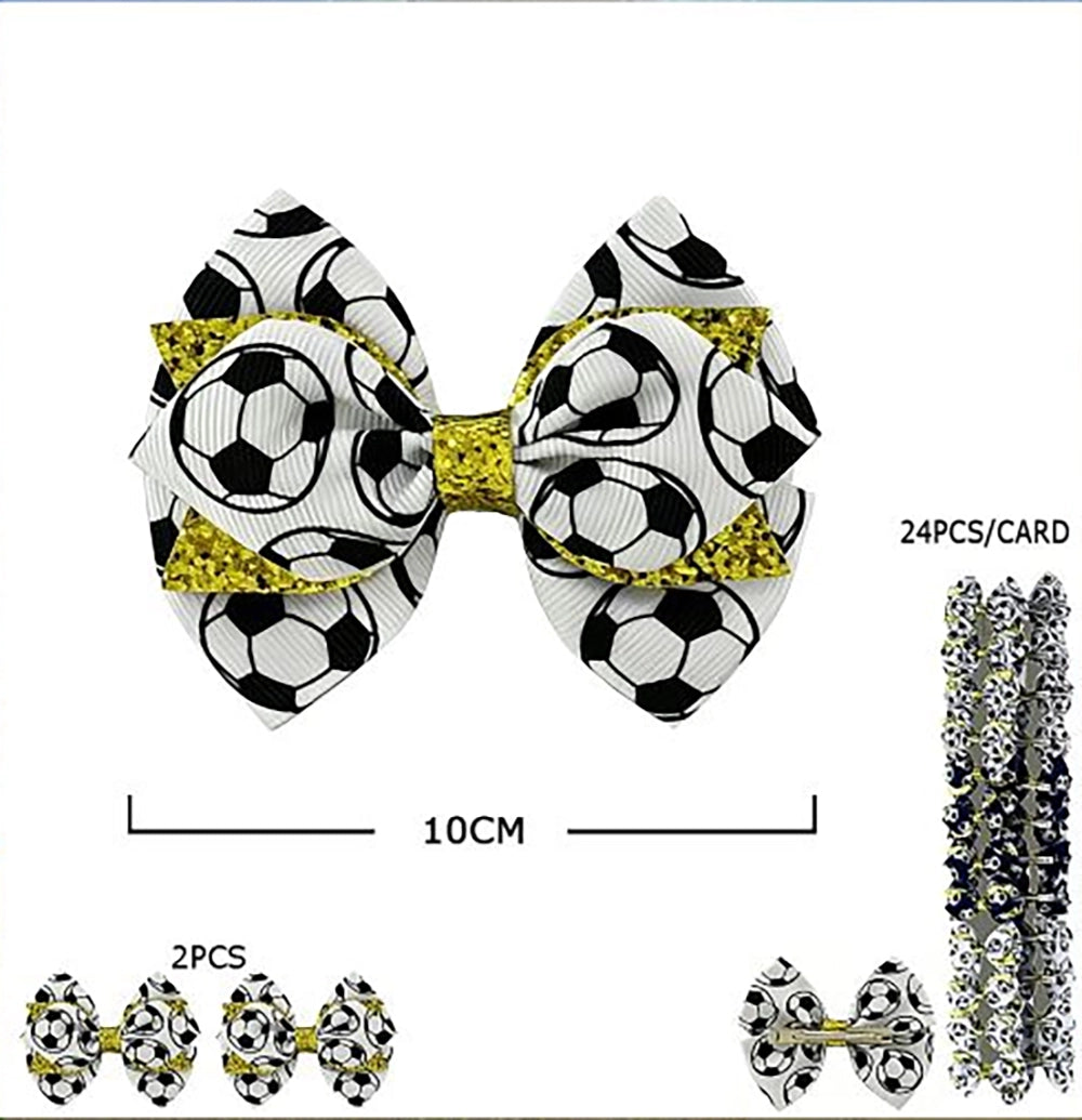 Soccer Hair Bows Pack - 24pc Bulk Card, Grosgrain Ribbon & Glitter Sports Bows with Alligator Clips for Girls, Teams (HCD-1886FI)