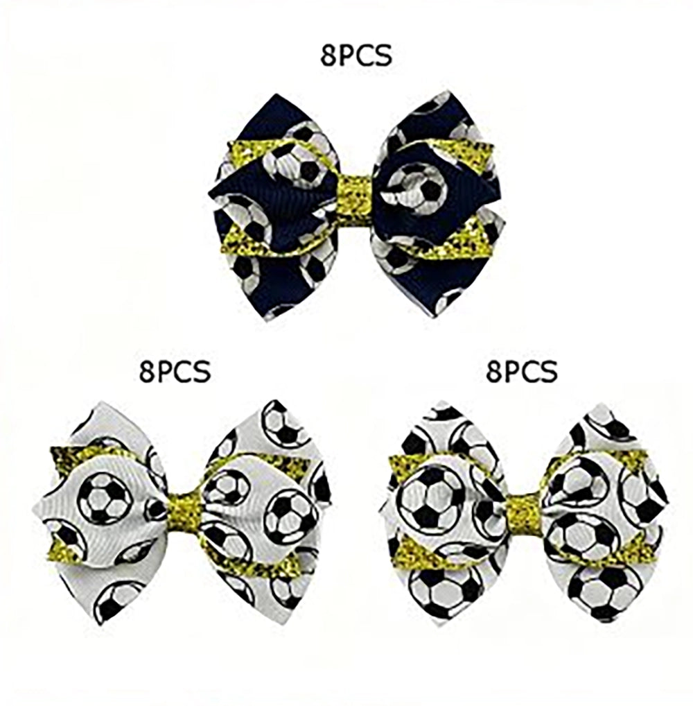 Soccer Hair Bows Pack - 24pc Bulk Card, Grosgrain Ribbon & Glitter Sports Bows with Alligator Clips for Girls, Teams (HCD-1886FI)