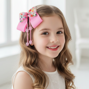 Floral Print Hair Bow Clips with Streamers – 12cm Large Grosgrain Ribbon Hair Bows with Flower Dangles for Girls and Kids (HCD-25741S)