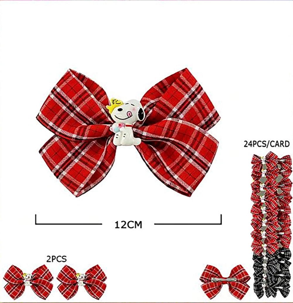 Cartoon Dog Plaid Hair Bow Clips Set | 12cm Large Tartan Bowknot Hair Accessories for Girls for Girls and Women | Red & Black Checkered Alligator Clips (HCD-25744S)