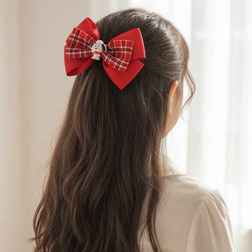 Cute Cartoon Dog Plaid Ribbon Hair Bow Clips for Girls (HCD-25745S)