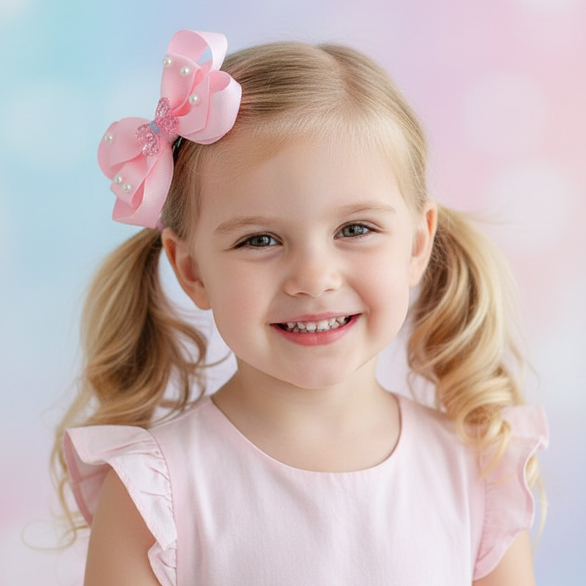 Large Pearl Bow Hair Clips for Girls – 12CM Grosgrain Ribbon Barrettes with Rhinestone Center (HCD-25810F1)