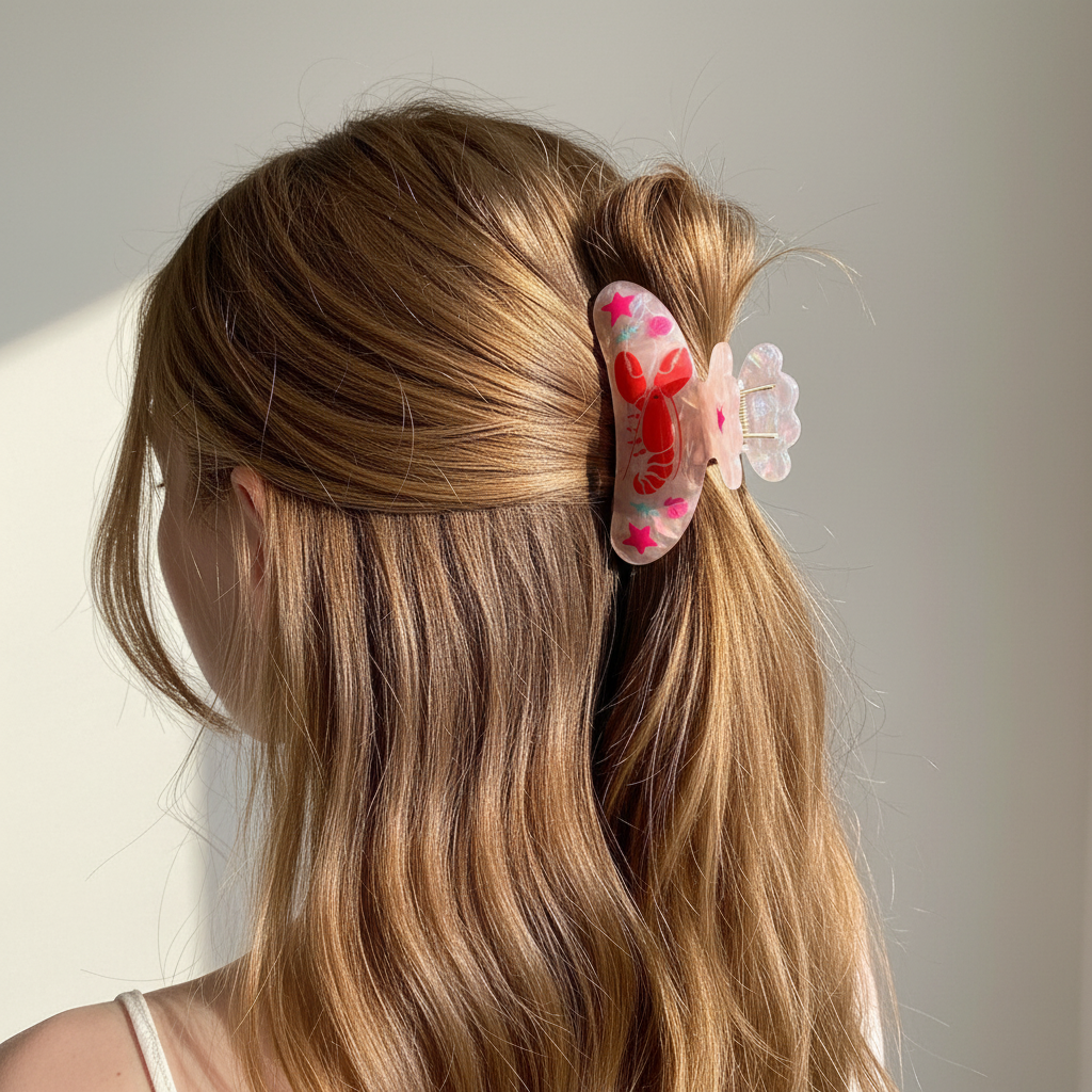 Acrylic Lobster Scalloped Claw Clip – Pink & Red Marine Life Hair Accessory (HCE1276)