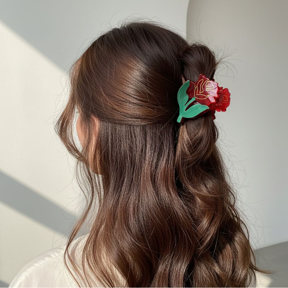 Elegant Acrylic Red Rose Hair Claw Clip - Floral Statement Accessory (HCE480)