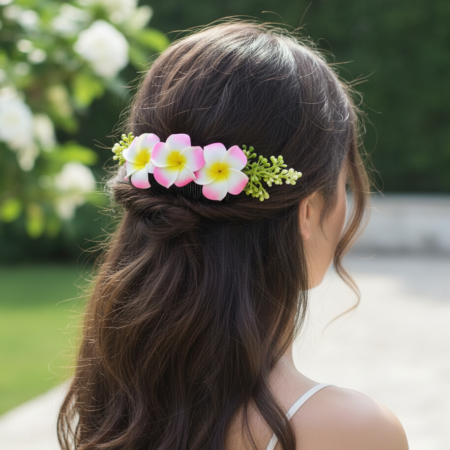 Tropical Plumeria Floral Hair Comb – Hawaiian Style Flower Accessory (HCF-1059M)