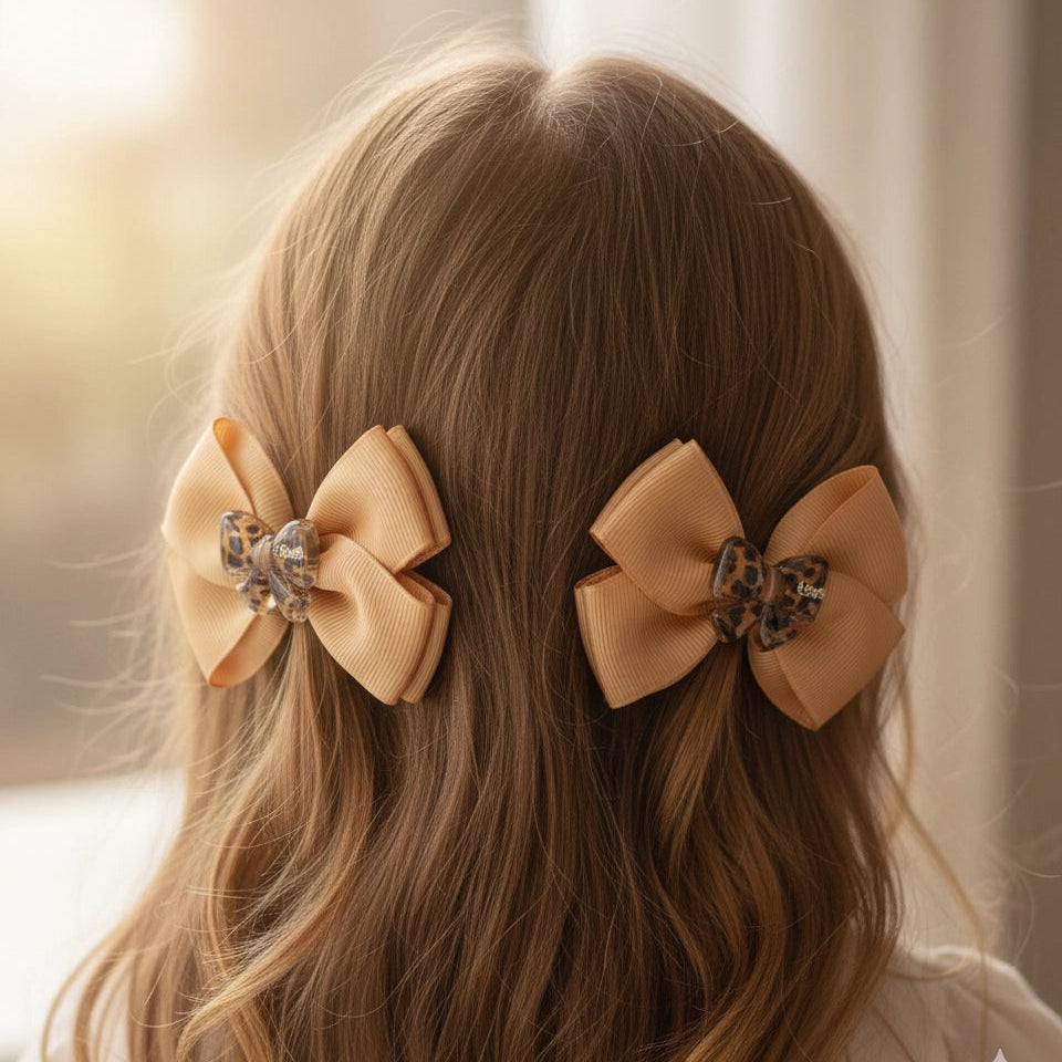 4-Piece Leopard Print & Rhinestone Hair Bow Set – Grosgrain Ribbon Alligator Clips (HCM-10214BG)