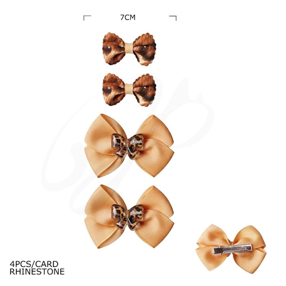 4-Piece Leopard Print & Rhinestone Hair Bow Set – Grosgrain Ribbon Alligator Clips (HCM-10214BG)