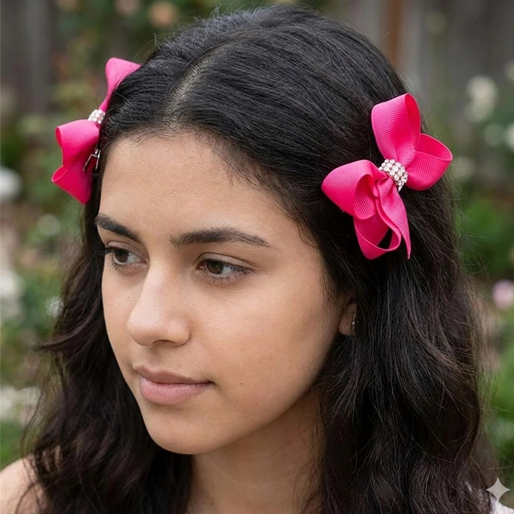 Sparkling Rhinestone Grosgrain Ribbon Bow Clips – 4-Piece Set (HCM-10220R)