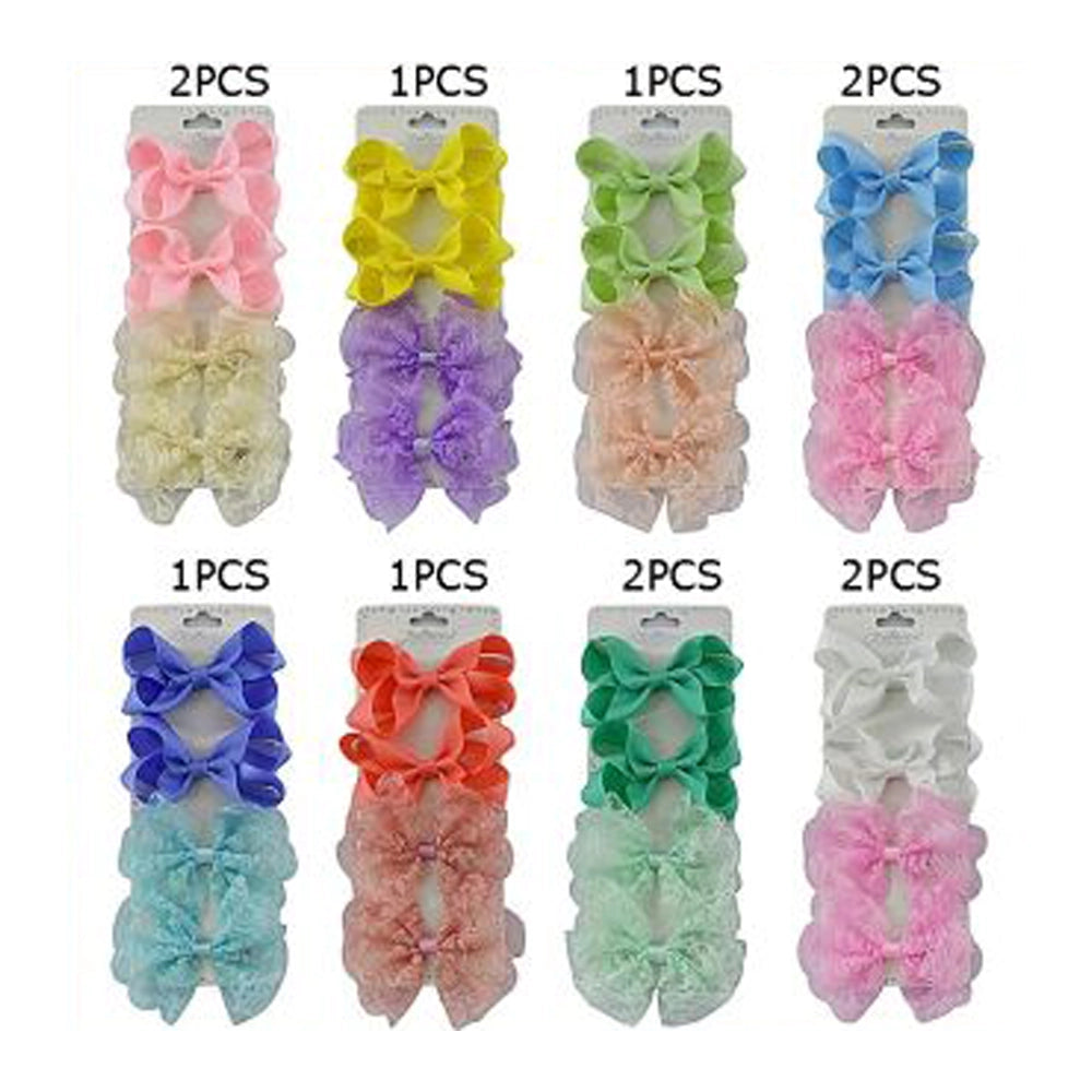 Large Grosgrain and Lace Hair Bow Clips - 9.5cm Alligator Clips (HCM-10234P)