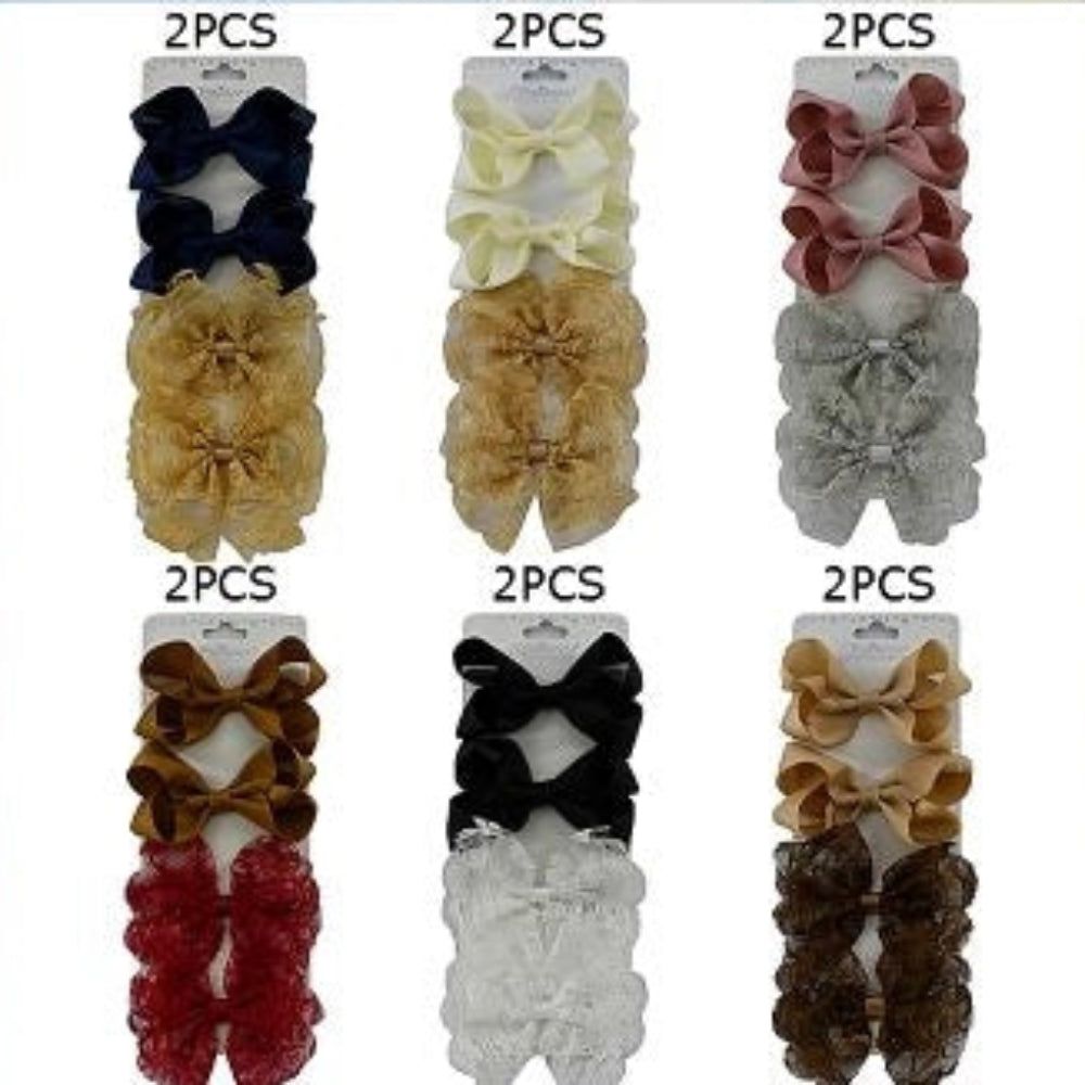 Lace and Grosgrain Ribbon Hair Bow Clips Set – 9.5cm Elegant Alligator Hair Clips for Women and Girls (HCM-10234W)