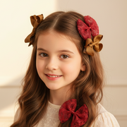 Lace and Grosgrain Ribbon Hair Bow Clips Set – 9.5cm Elegant Alligator Hair Clips for Women and Girls (HCM-10234W)