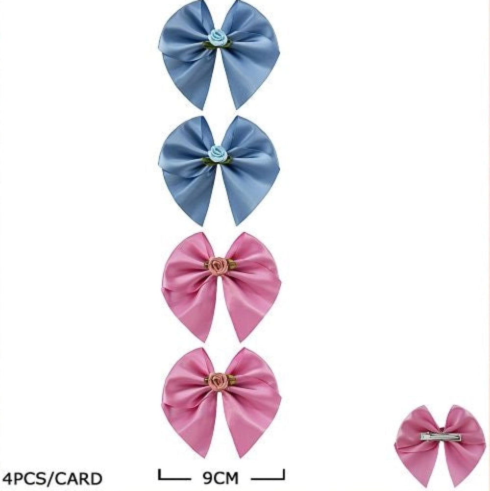 4pk Ribbon Bow Hair Clips with Rose Accent – 9cm Satin Fabric Bows, Alligator Clips for Girls, Toddlers, and Women, Cute Hair Accessories Pack (HCM-10237M)
