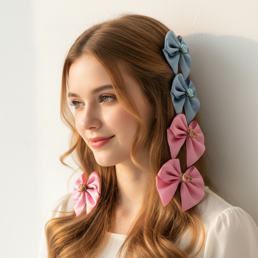 4pk Ribbon Bow Hair Clips with Rose Accent – 9cm Satin Fabric Bows, Alligator Clips for Girls, Toddlers, and Women, Cute Hair Accessories Pack (HCM-10237M)