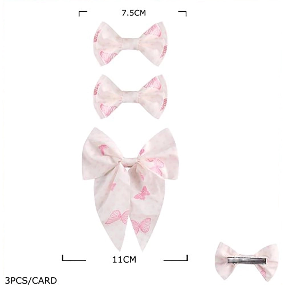 Printed Ribbon Hair Bow Set with Long Tails – 3-Piece Butterfly & Polka Dot Barrettes (HCM-10241S)