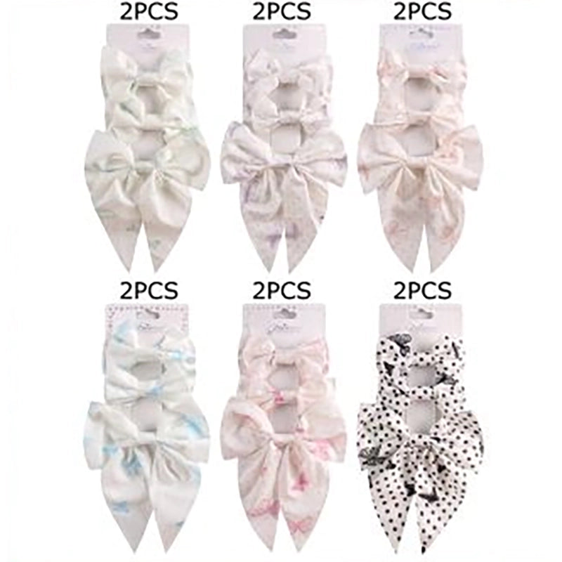Printed Ribbon Hair Bow Set with Long Tails – 3-Piece Butterfly & Polka Dot Barrettes (HCM-10241S)