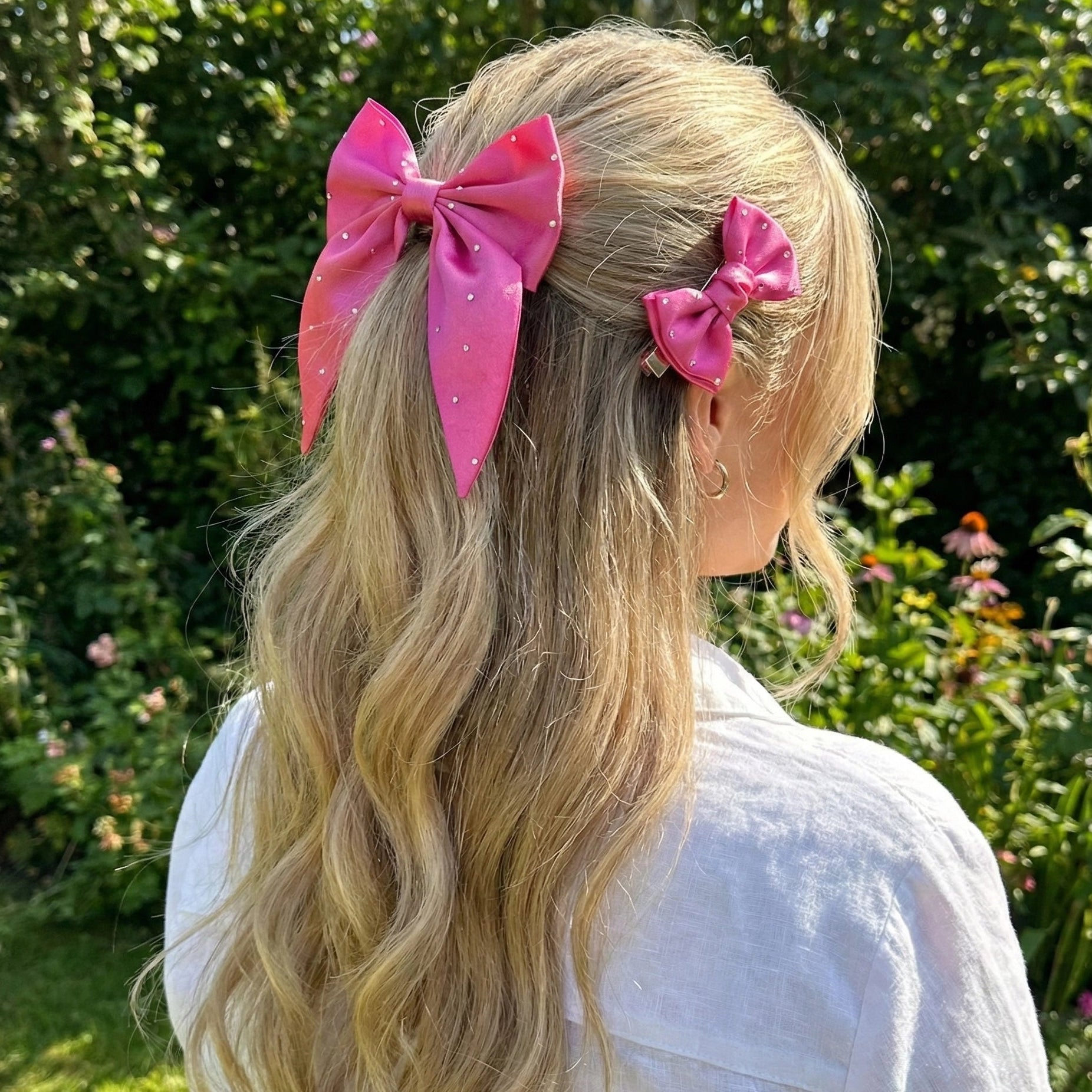 3-Piece Sparkly Satin Hair Bow Set – Rhinestone Ribbon Clips (HCM-20039M)