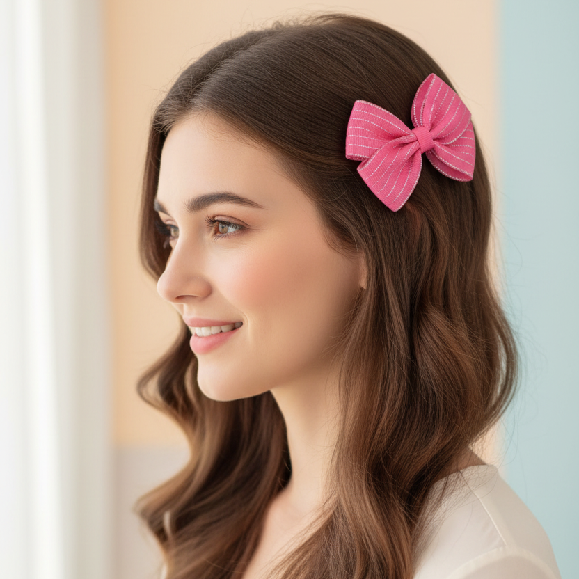 Large Bow Hair Clips for Girls – Sparkle Stitch Ribbon Barrettes, 9.5cm, Assorted Colors, 4PCS/Card (HCM-20065S)