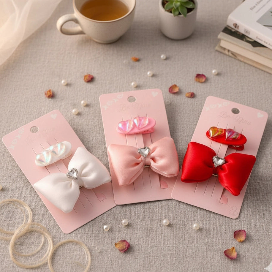 Valentine's Trio: Satin Bow & Clip Hair Accessory Set