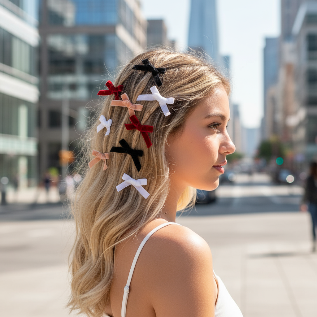 Luxe Velvet Bow Clips: Black, White, Red & Nude Set