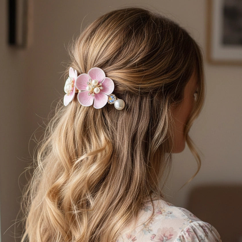 Pearl and Rhinestone Floral Hair Clips – 6.5cm Gradient Flower Alligator Barrettes for Women and Girls (HP-10873M)