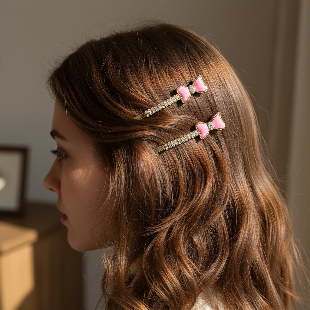 Sparkle Bow Rhinestone Hair Slide Pins – Elegant Gold-Tone Hair Clips (HP-10879M)